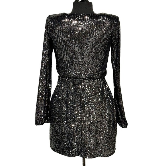 Women's Black Sequined Long Sleeve Blouson Mini Dress, Juniors size XS - Picture 6 of 16